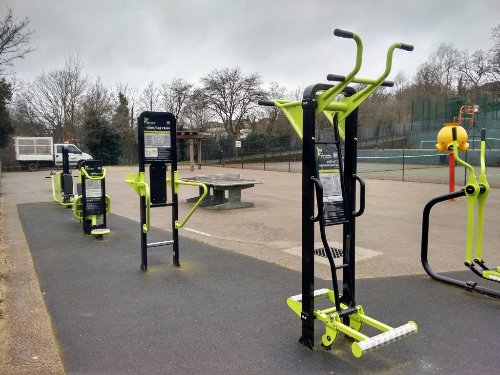 Similar gym equipment installed at Hillside Gardens Park. Our will be dark green and grey.