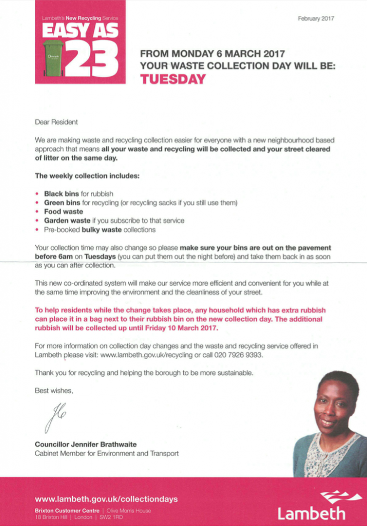 The letter informing Coburg Crescent residents that the rubbish and recycling collection day would now be Tuesday.